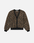 The FRAME Brushed Leopard Cardi showcases a brown and black leopard print, black buttons, and black trim at the cuffs, hem, and neckline, displayed against a white background.
