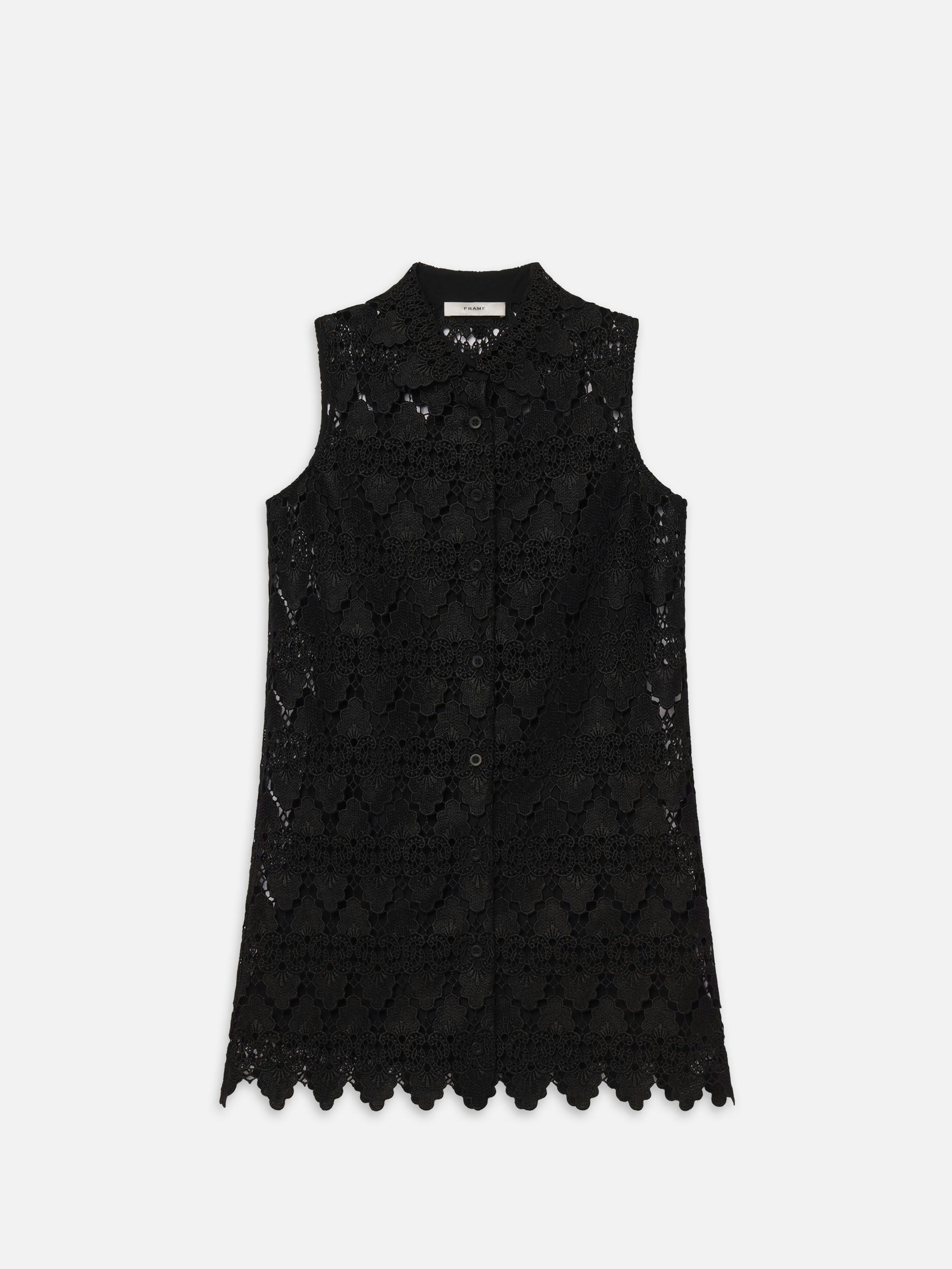 The Deco Lace Dress in Black by FRAME exudes vintage elegance with luxurious lace and intricate floral patterns. This sleeveless piece features a collared neck, button-down front, and scalloped hem reminiscent of a 1920s shift silhouette, all set against a plain white background.