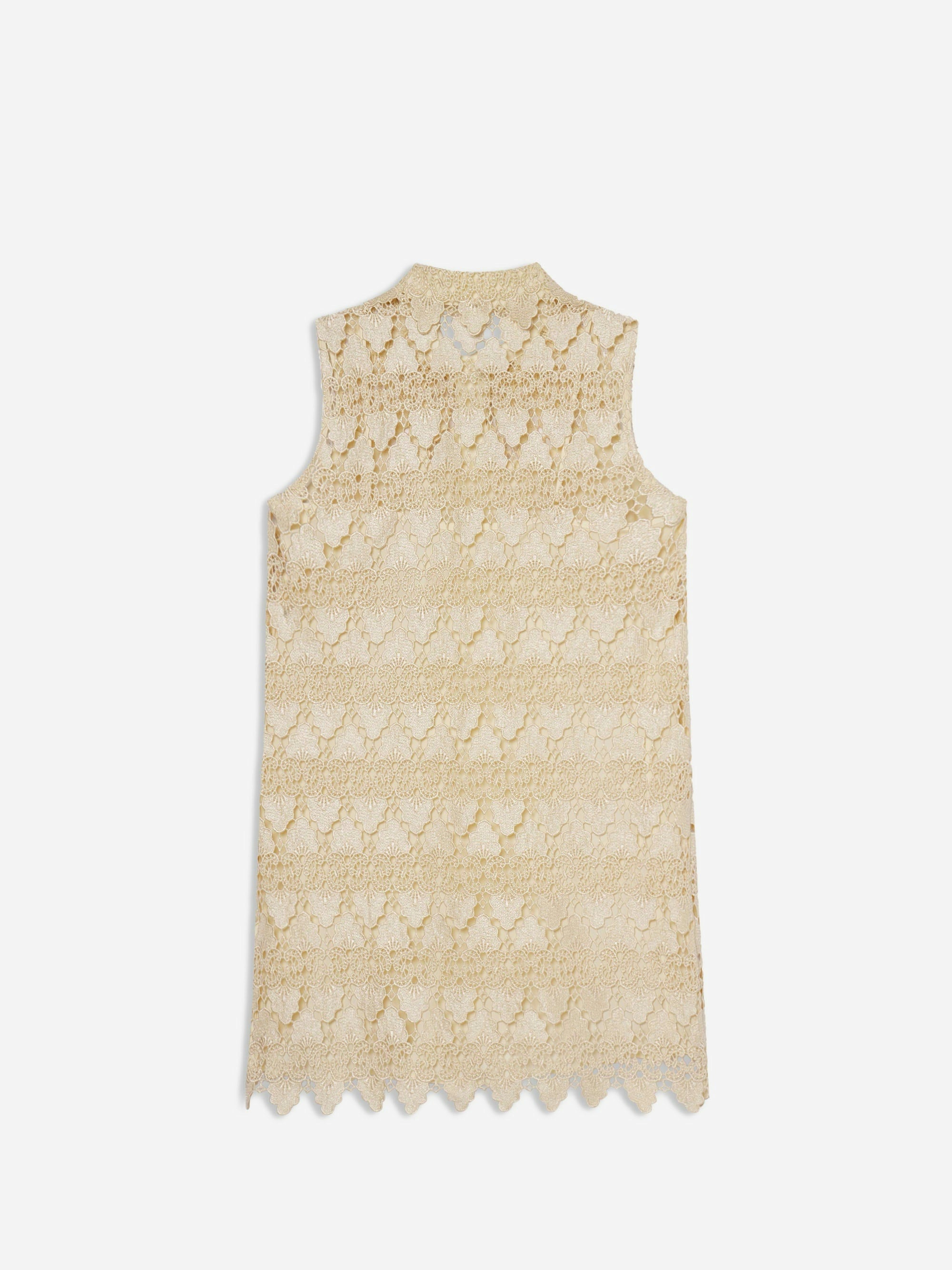 The FRAME Deco Lace Dress is sleeveless and knee-length, crafted from luxurious lace with a high neckline and scalloped hem inspired by 1920s shift styles, shown flat against a white background.