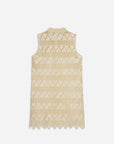 The FRAME Deco Lace Dress is sleeveless and knee-length, crafted from luxurious lace with a high neckline and scalloped hem inspired by 1920s shift styles, shown flat against a white background.