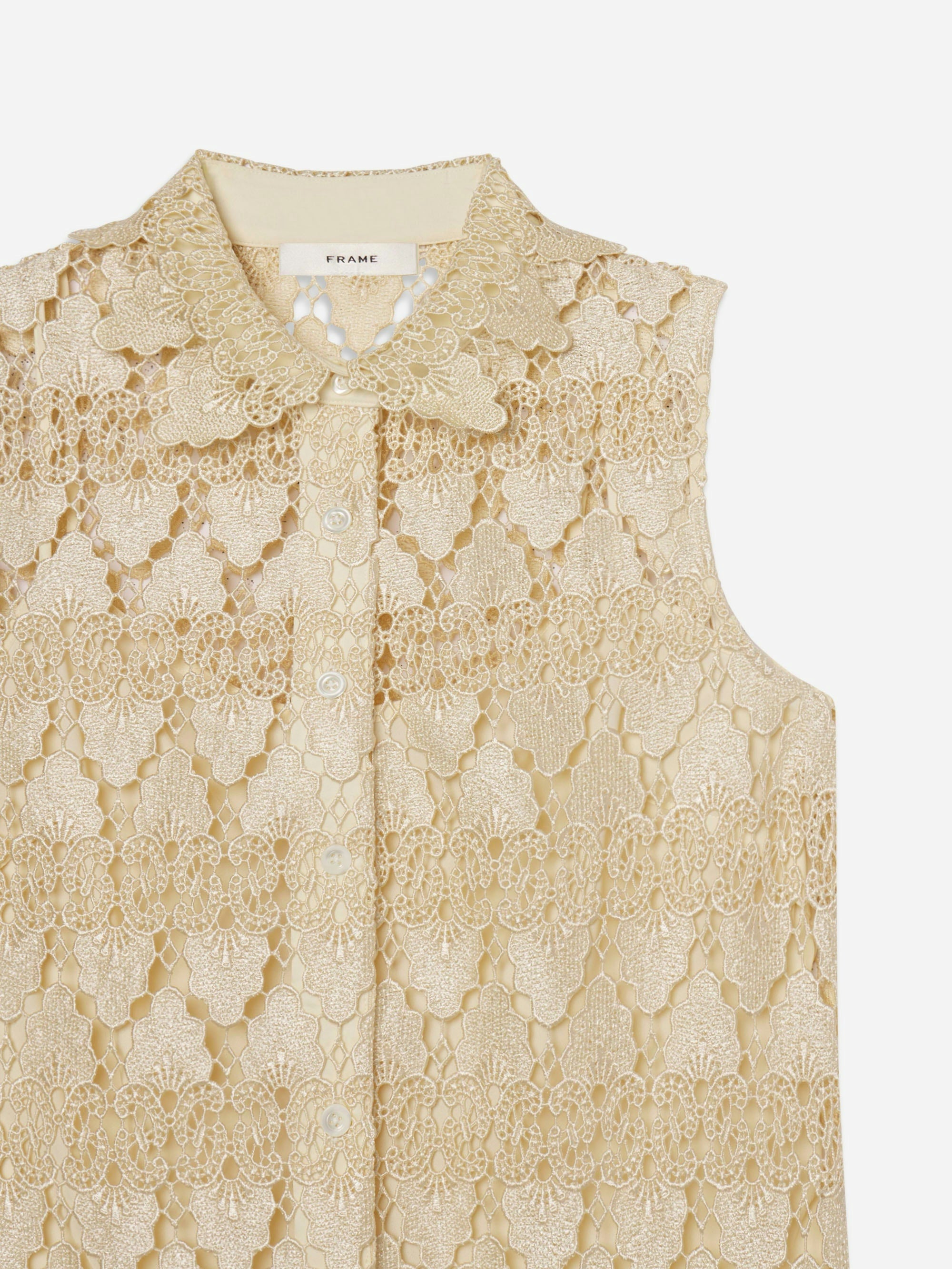 The FRAME Deco Lace Dress features sleeveless beige floral lace with a button-down front, pointed collar, and matching lining, echoing refined elegance. Tag reads "FRAME.