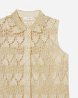 The FRAME Deco Lace Dress features sleeveless beige floral lace with a button-down front, pointed collar, and matching lining, echoing refined elegance. Tag reads "FRAME.