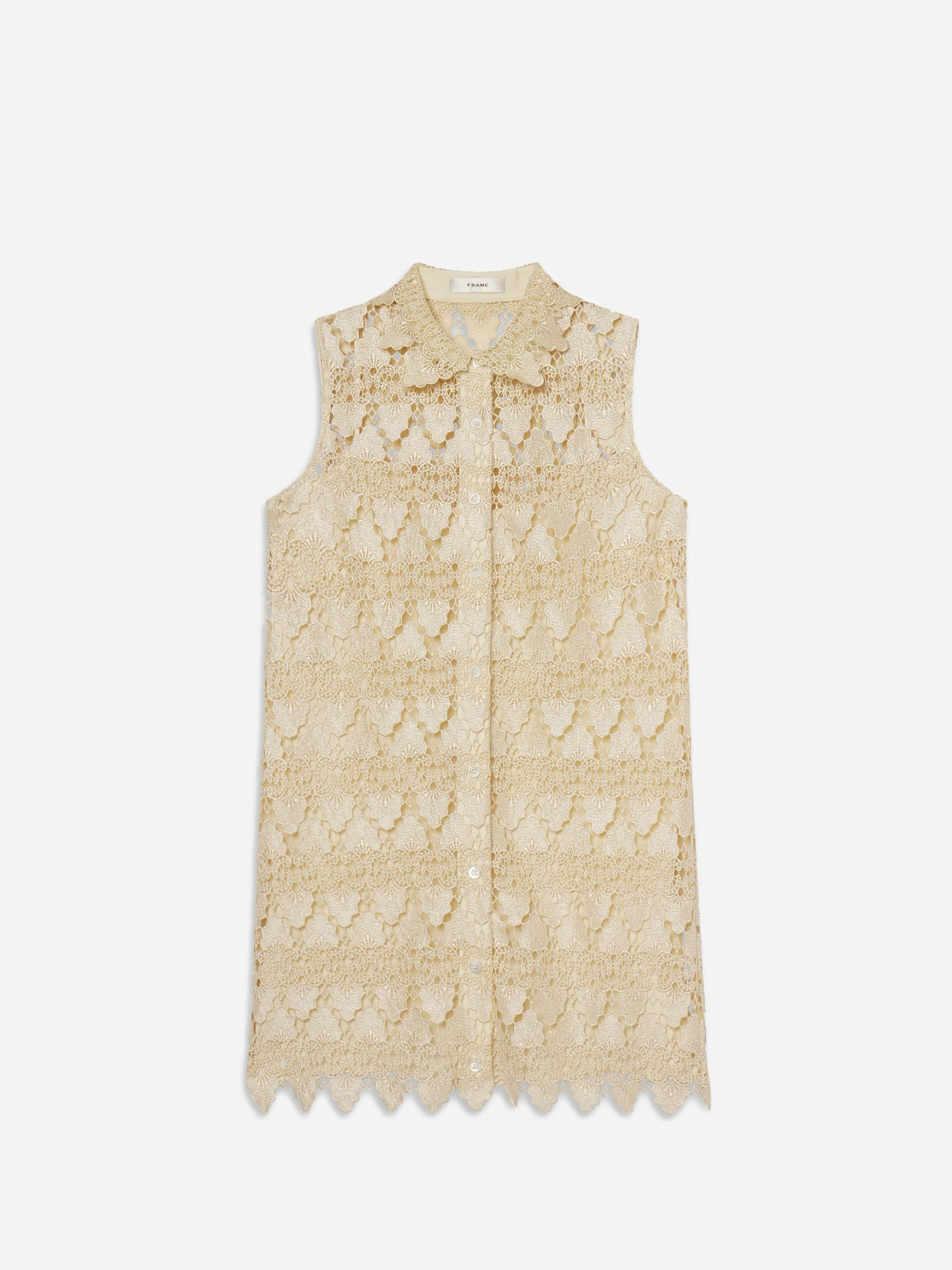 The FRAME Deco Lace Dress is a sleeveless, knee-length 1920s shift with luxurious lace, scalloped hem, collared neckline, and button-down front, shown flat on a white background.
