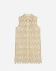 The FRAME Deco Lace Dress is a sleeveless, knee-length 1920s shift with luxurious lace, scalloped hem, collared neckline, and button-down front, shown flat on a white background.