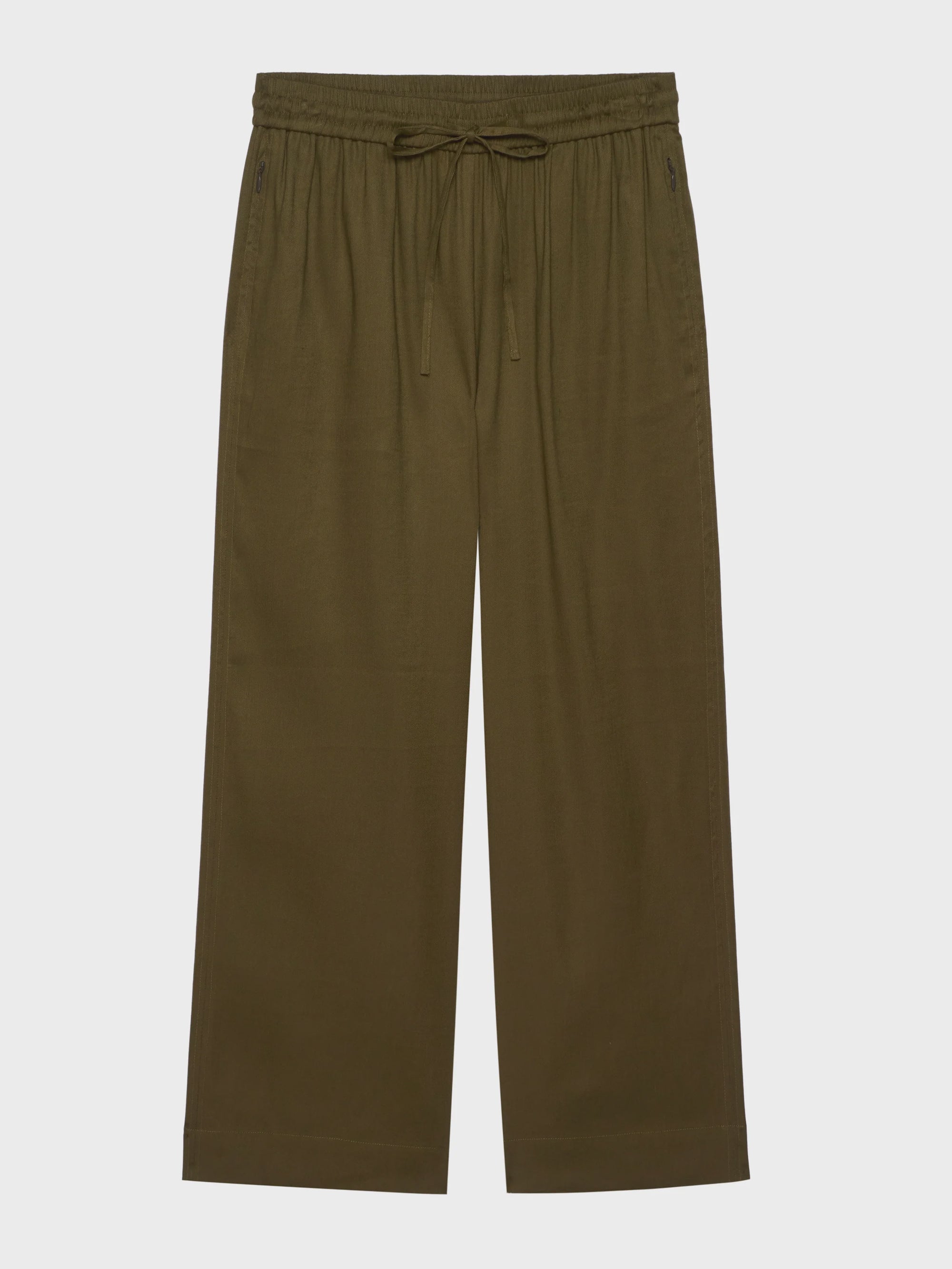 The Easy Pant by FRAME in olive green features a drawstring waist, wide-leg silhouette, and side pockets, shown laid flat on a white background.
