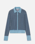 The FRAME Collared Cardi features a button front, collar, and horizontal dark and light blue stripes, with solid light blue cuffs, waistband, placket, and collar. Made from lightweight cotton for comfort.