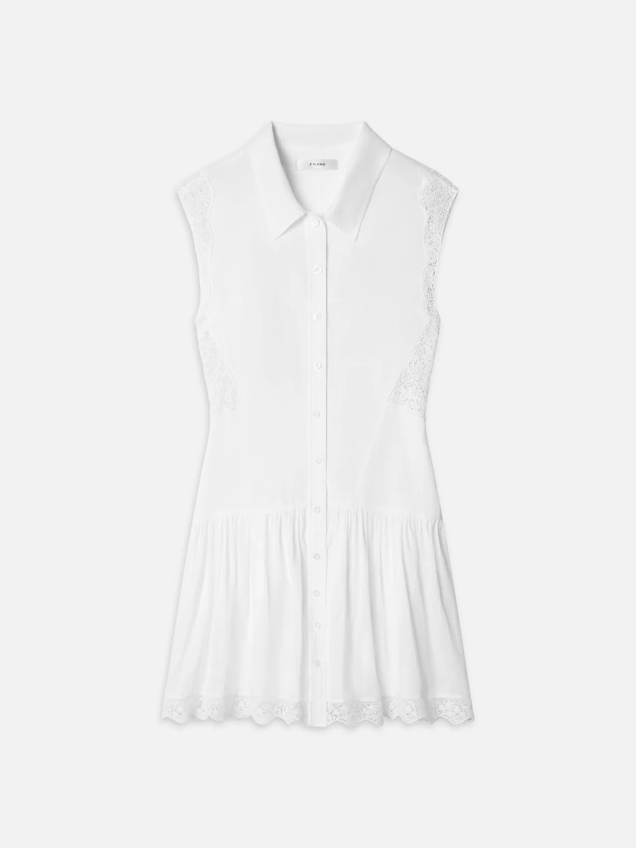 The Embroidered Day Dress by FRAME is a sleeveless white button-down dress with a collared neckline, lace detailing on shoulders and sides, pleated scalloped hem, and embroidered accents for a light, airy look.