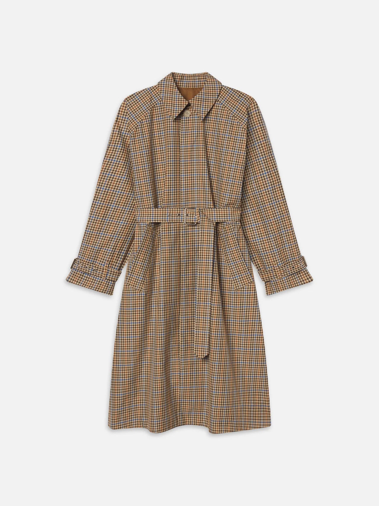 The Plaid Mac Coat by FRAME features a brown, black, and white plaid pattern, belted waist, collar, button front, and adjustable cuffs. Made from structured cotton blend for a tailored look. Shown on a white background.