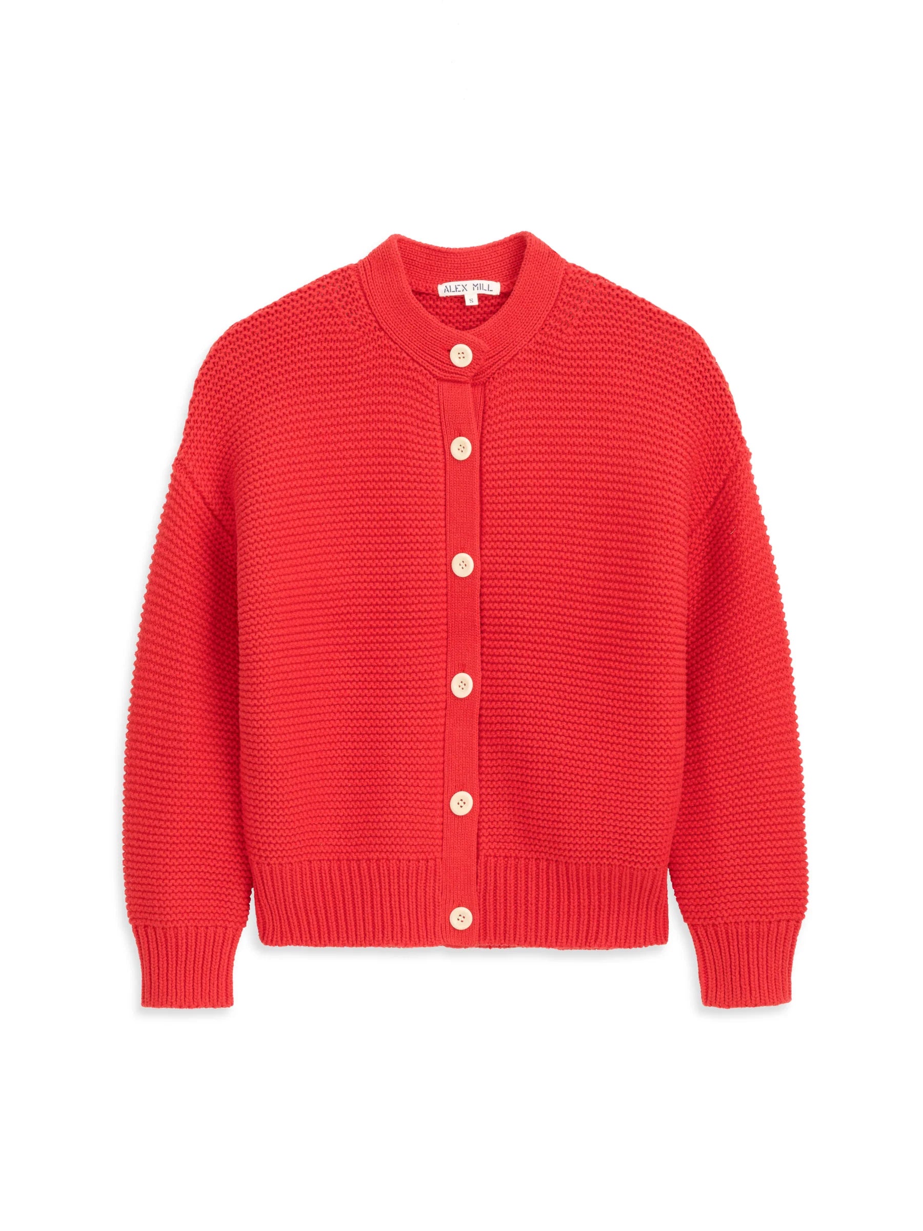 The Nico Chunky Cardigan by Alex Mill is a bright red, long-sleeved cotton knit with a textured pattern, round neckline, ribbed cuffs and hem, and front Corozo buttons.