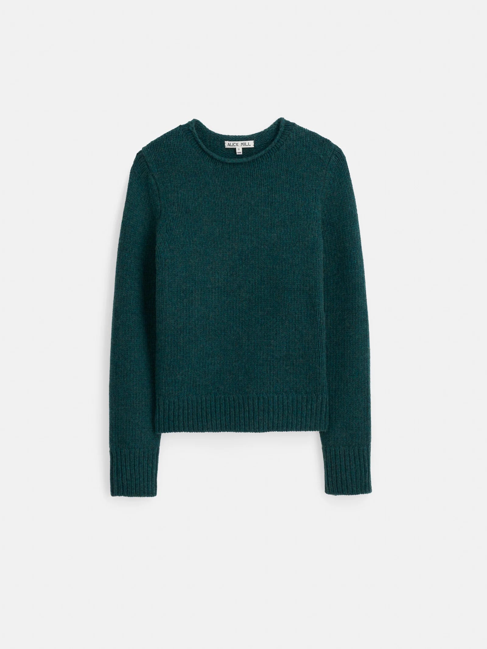 Displayed against a plain white background, the Jaime Sweater by Alex Mill is a dark green, long-sleeve garment crafted from extrafine merino wool. It features a round neckline and has a ribbed texture on the cuffs, hem, and neckline.