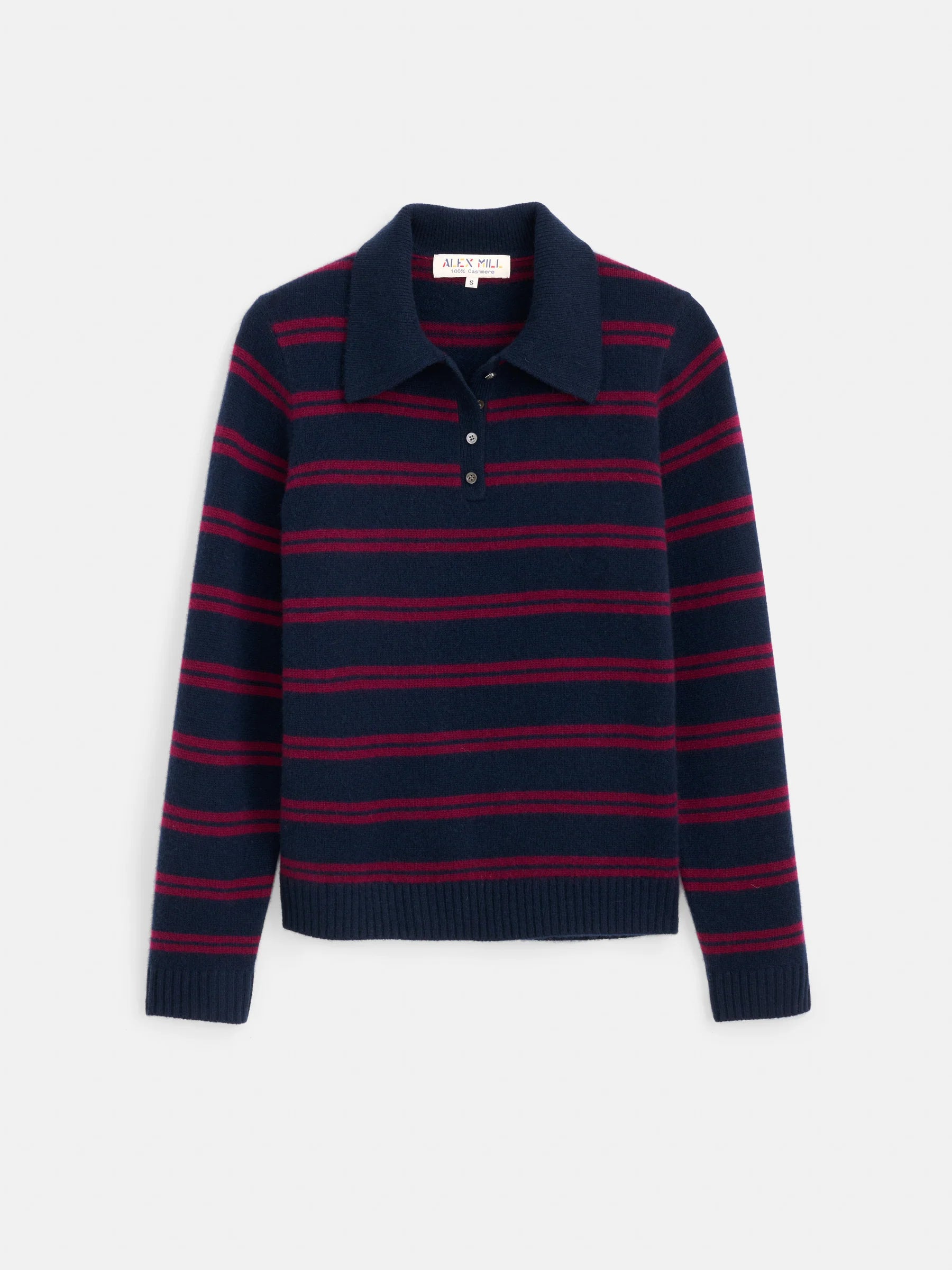 The Alice Polo Cashmere by Alex Mill is a navy long-sleeve sweater with a collar, buttons, horizontal red stripes, and ribbed cuffs and hem for luxurious knit style.
