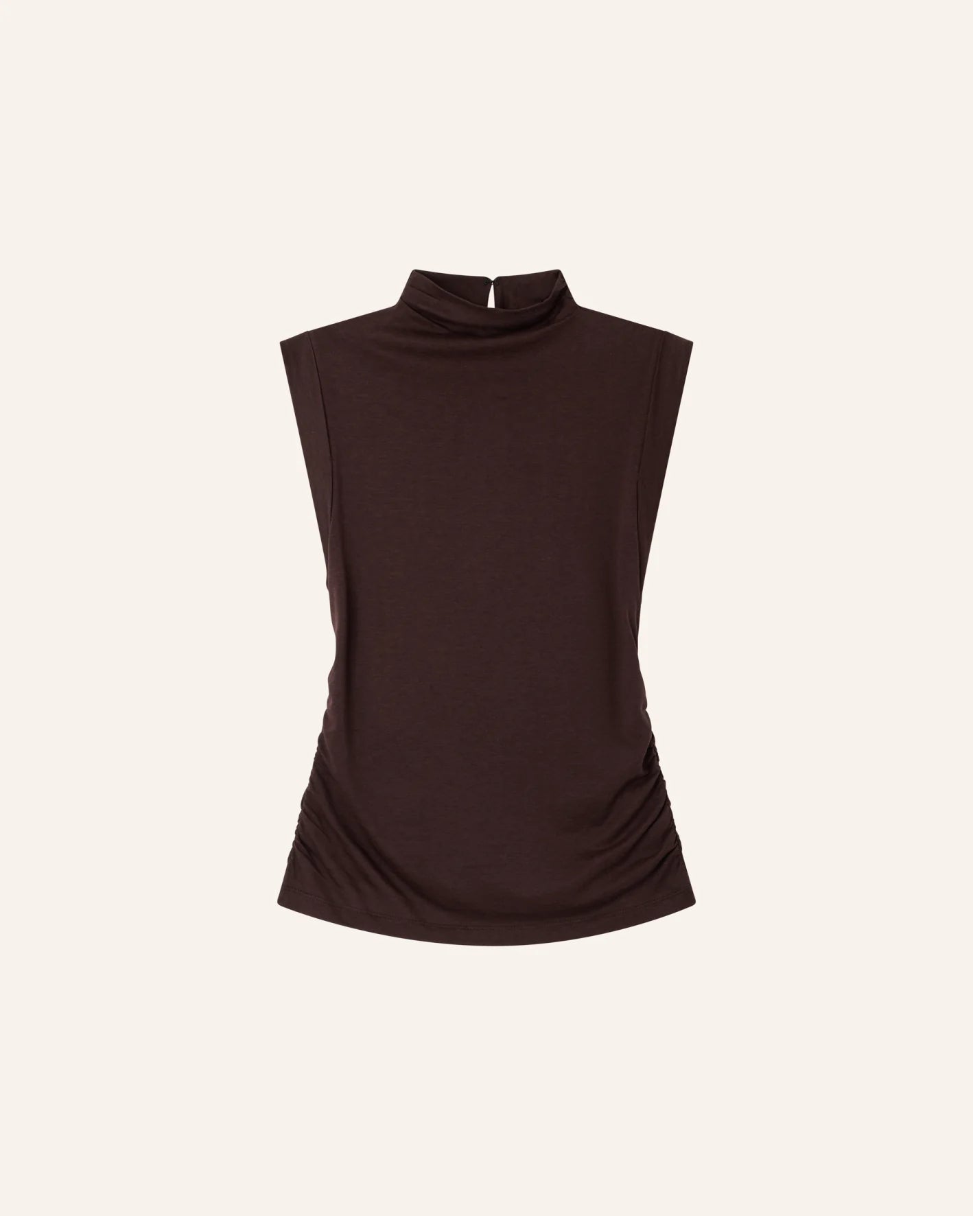 Dark brown short sleeve T-shirt with high collar and side ruching by Sessun, lyocell-cotton blend.