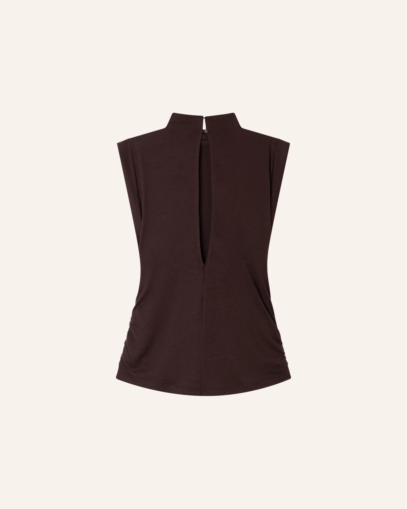 Dark brown short sleeve T-shirt with split neckline and high collar by Sessun, Lyocell cotton blend.