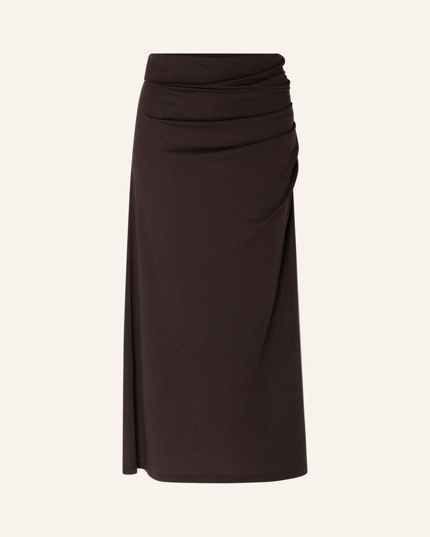 High-waisted dark brown long skirt with side ruching by Sessun, Dolish style in espresso.
