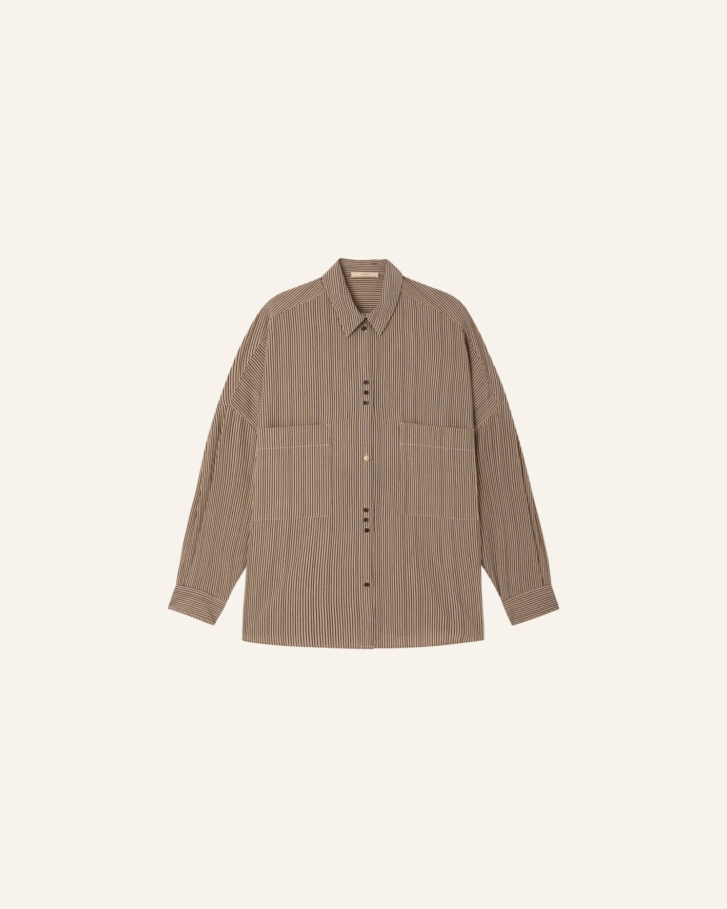 Brown and beige button-up shirt with contrast dobby stripes, front pockets, collar; Sessun FONTANIA.
