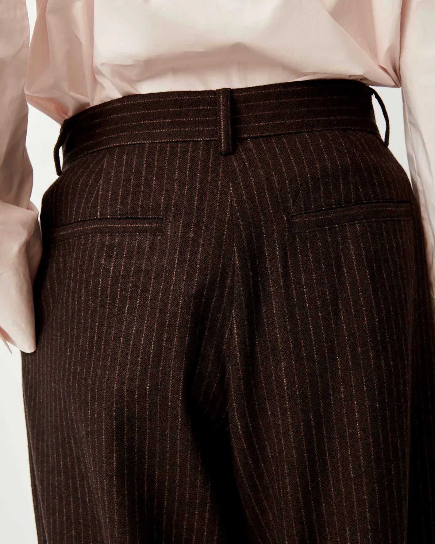 Sessun Orozco Large Pant in brown pinstripe with pleats, shown from the back, styled with a pale pink shirt.