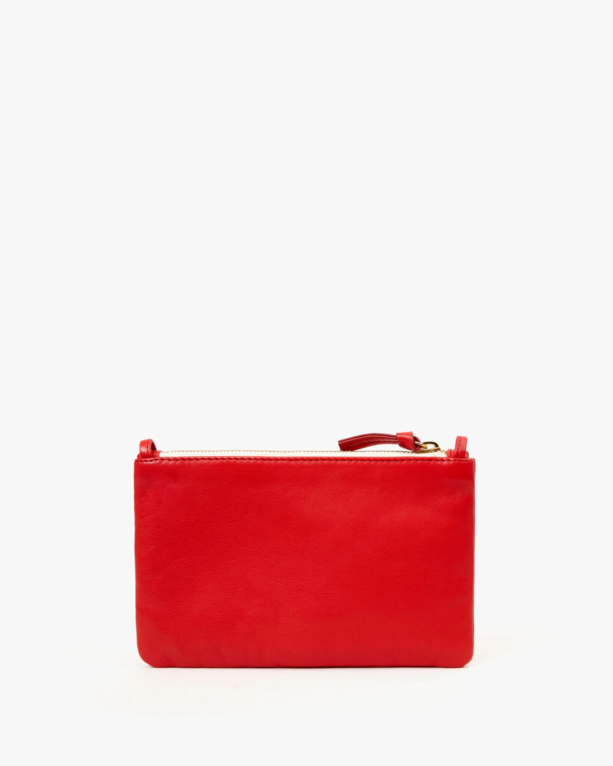 The Clare Vivier Wallet Clutch w/Tabs is a vibrant red, rectangular clutch made from Italian nappa leather. It features a minimalist design with a zipper closure and small leather strap, set against a plain white background. Made in India, this accessory effortlessly combines elegance and style.