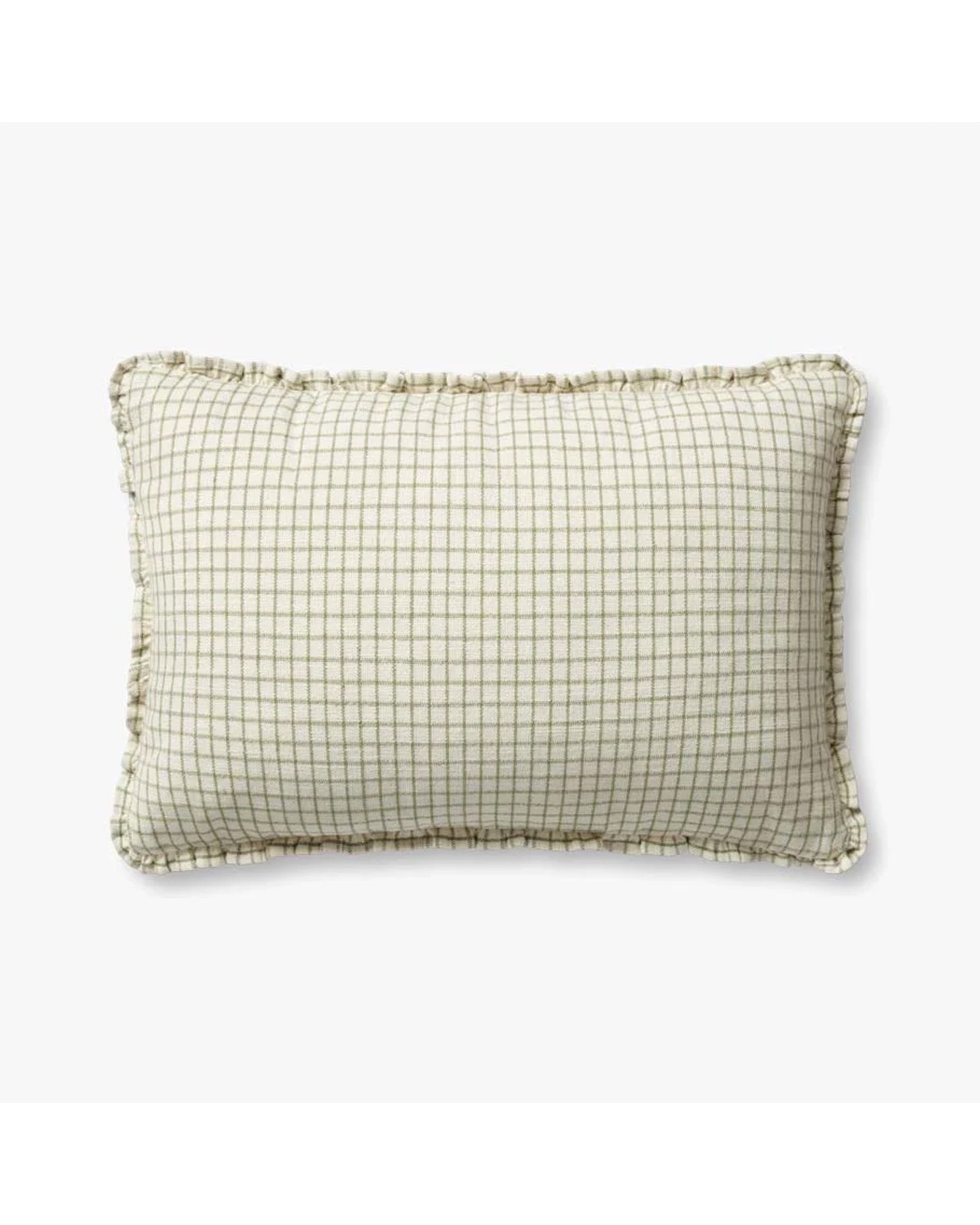 The Loloi Rugs PCJ0012 Ivory Moss is a rectangular cotton pillow with a beige and white checkered pattern, ruffled edge trim, small evenly spaced squares, and a hidden zipper, shown against a plain white background.