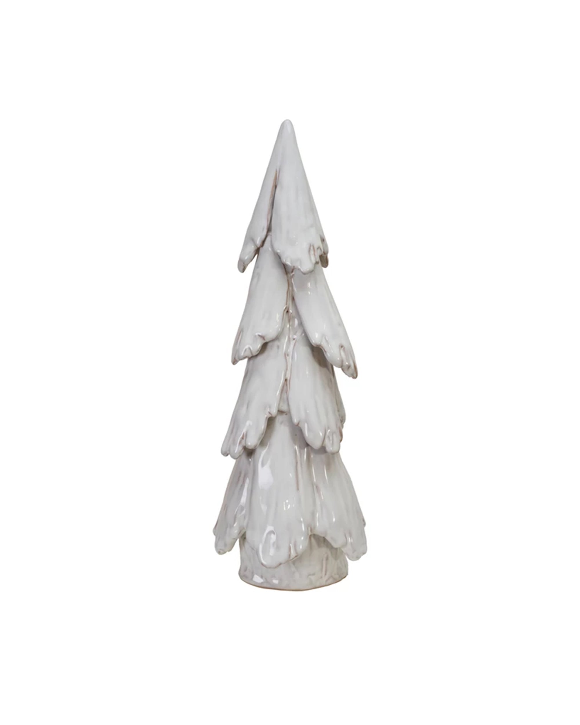 The Creative Co-op Stoneware Tree White S is a handmade figurine with layered branches and a glossy reactive glaze, shown upright against a plain white background.