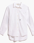 The Kerri Rosenthal Mia Shirt Classic White is a long-sleeve, crisp cotton poplin button-up with a chest pocket, small black heart embroidery nearby, and a subtle horizontal line detail—an essential wardrobe staple.