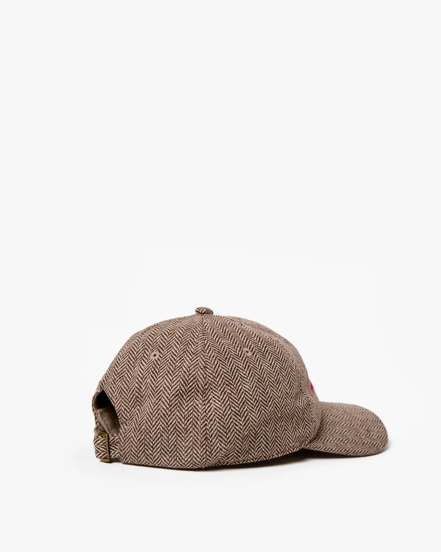 The Clare Vivier Wool CIAO Baseball Hat in brown herringbone is displayed from the back and side, showing its adjustable strap against a plain white background.