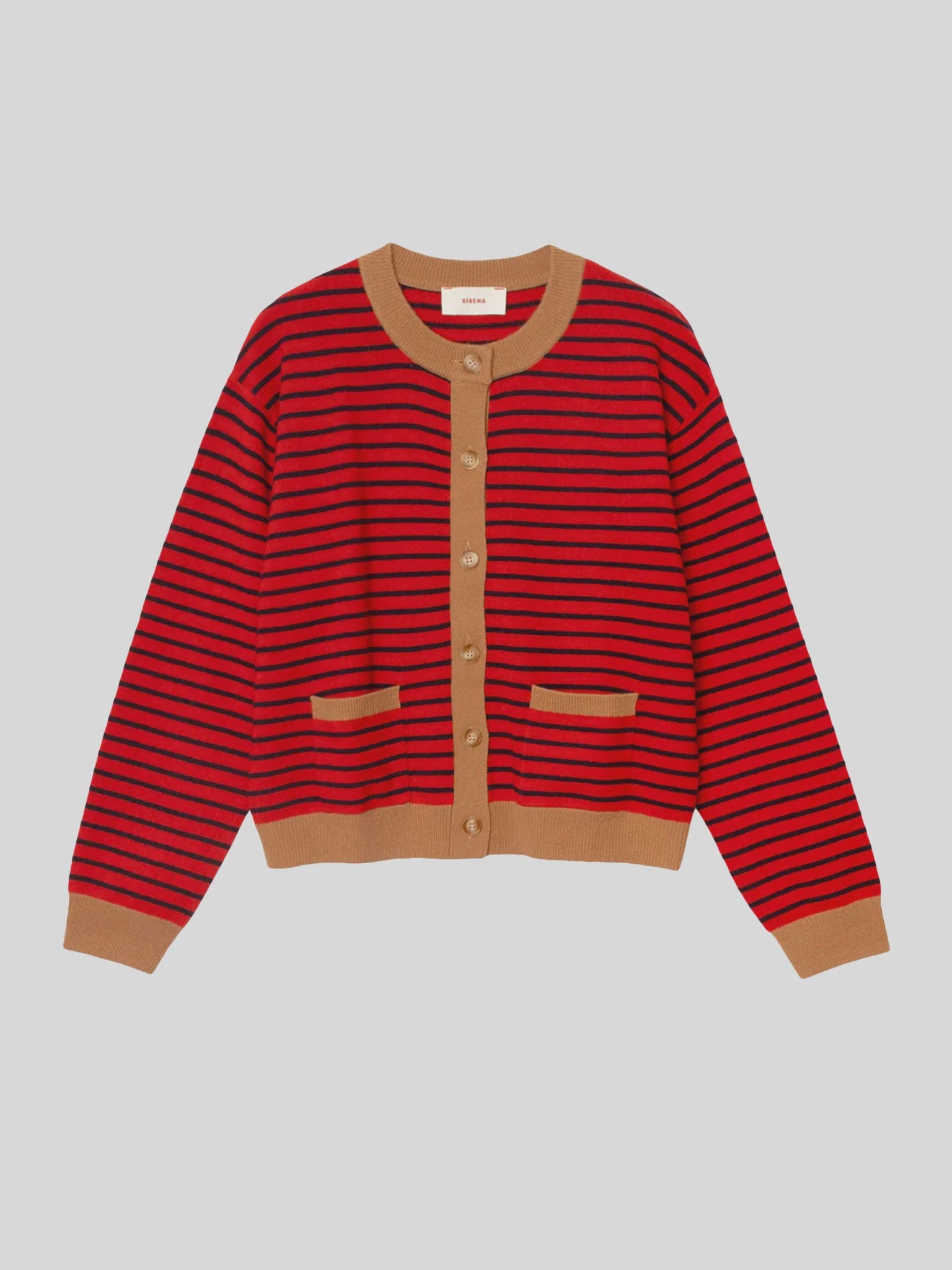 The Xirena Lillian Cardigan is a classic stripe knit with red and black horizontal stripes, tan cuffs, hem, button placket, and pocket trim, shown flat on a light gray background.