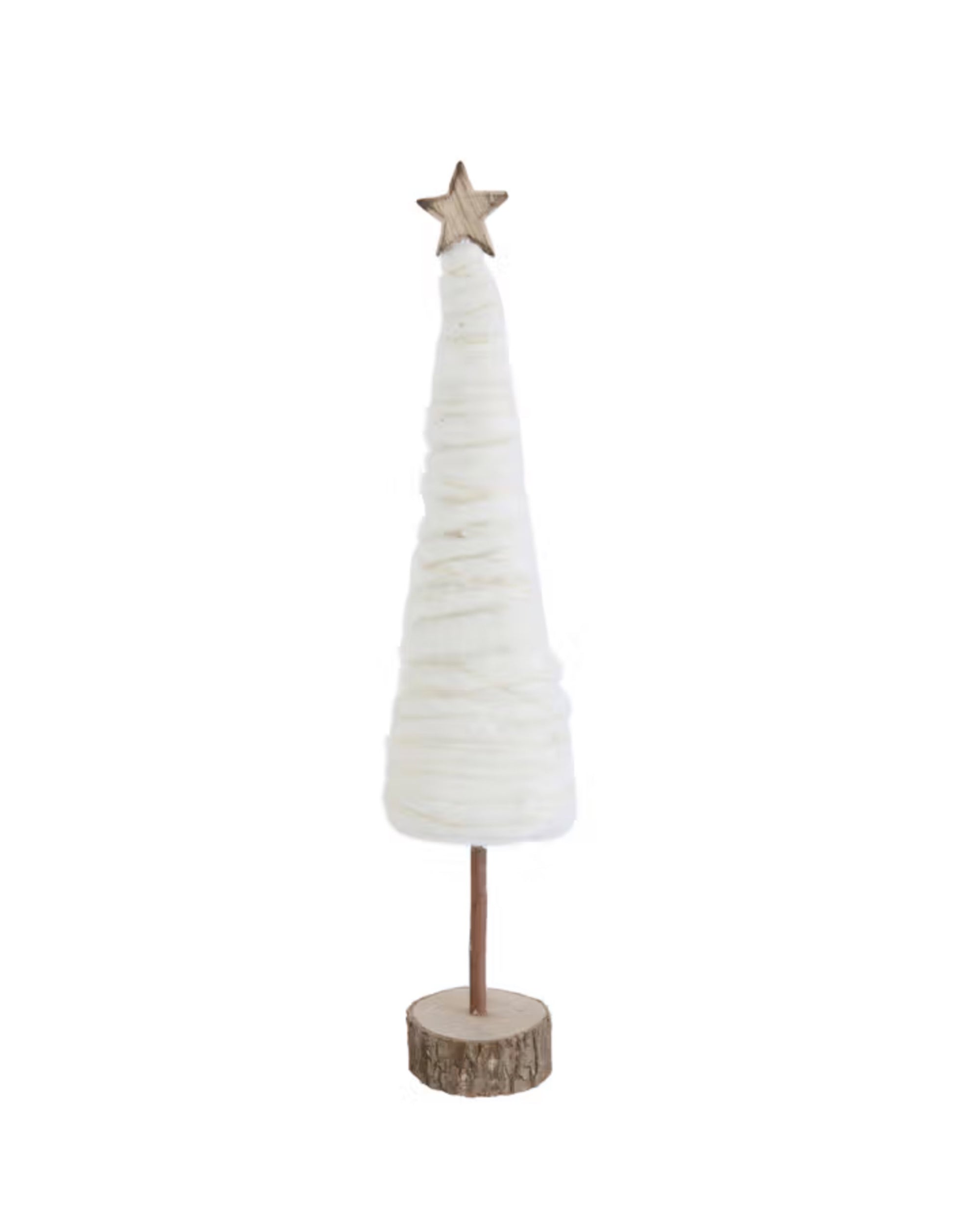 The Creative Co-op Wool Christmas Tree features a white cone-shaped wool body, wooden stick trunk, wood slice base, and a small wooden star—ideal holiday decor or an elegant tabletop centerpiece.