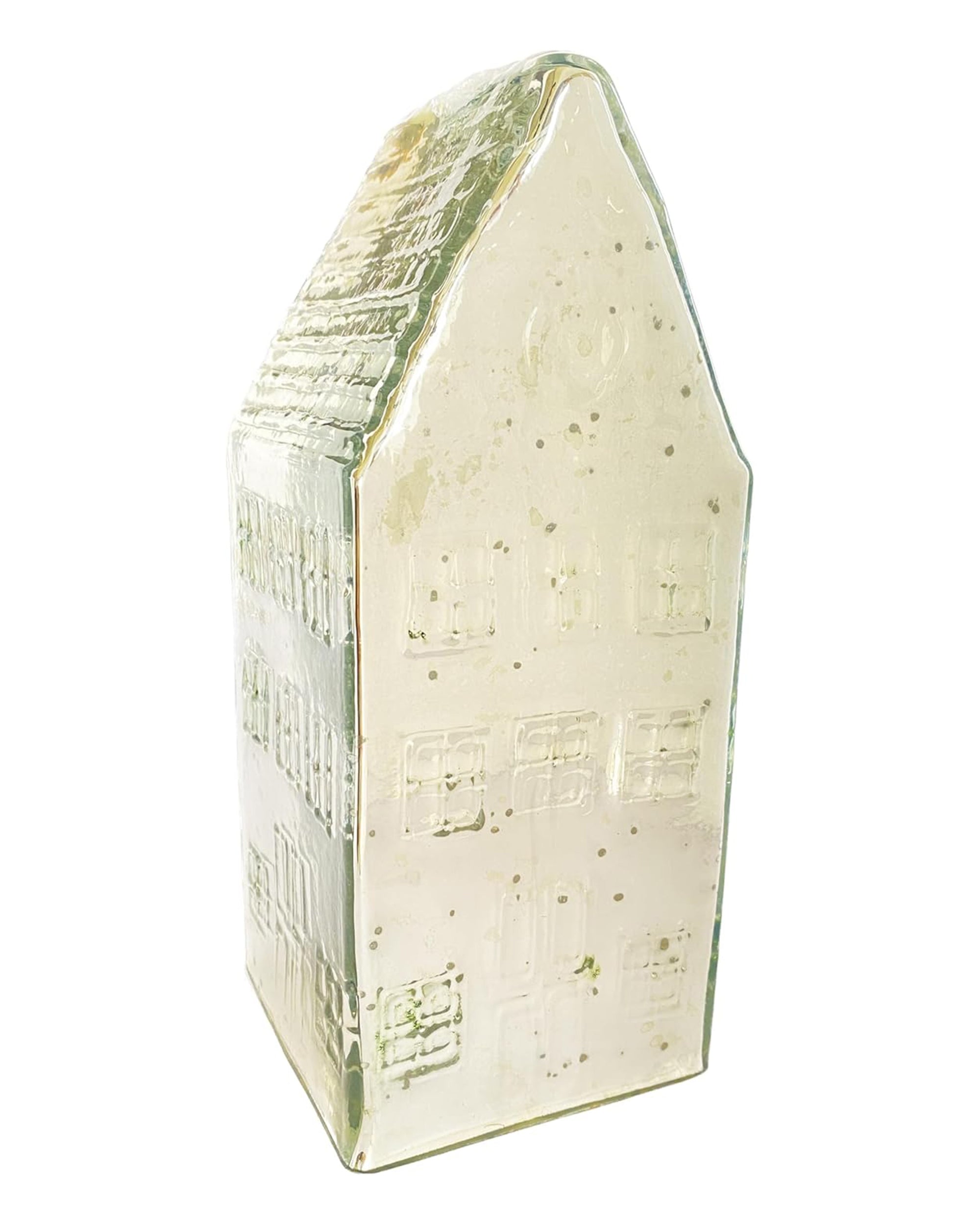 The Creative Co-op XS5013 Mercury House Vase features a tall house shape with textured window and door details in translucent light green glass—perfect for adding unique home decor.