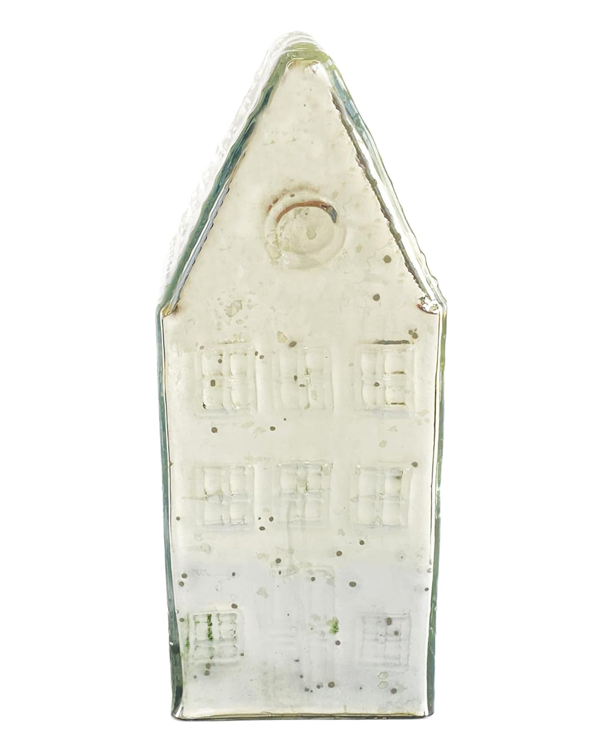 The Mercury House Silver by Creative Co-op is a clear glass decorative object shaped like a tall, narrow house with a pitched roof, carved windows, and a circular detail—perfect for enhancing your home decor.