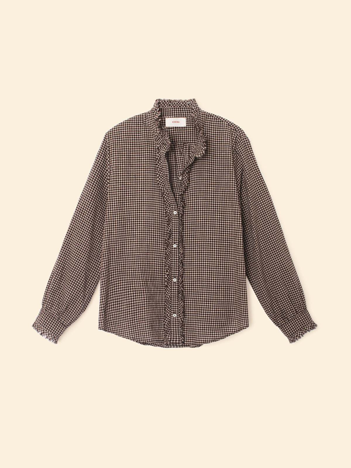 The Amelie Shirt by Xirena features a brown and white checked pattern, mandarin collar, and long sleeves.