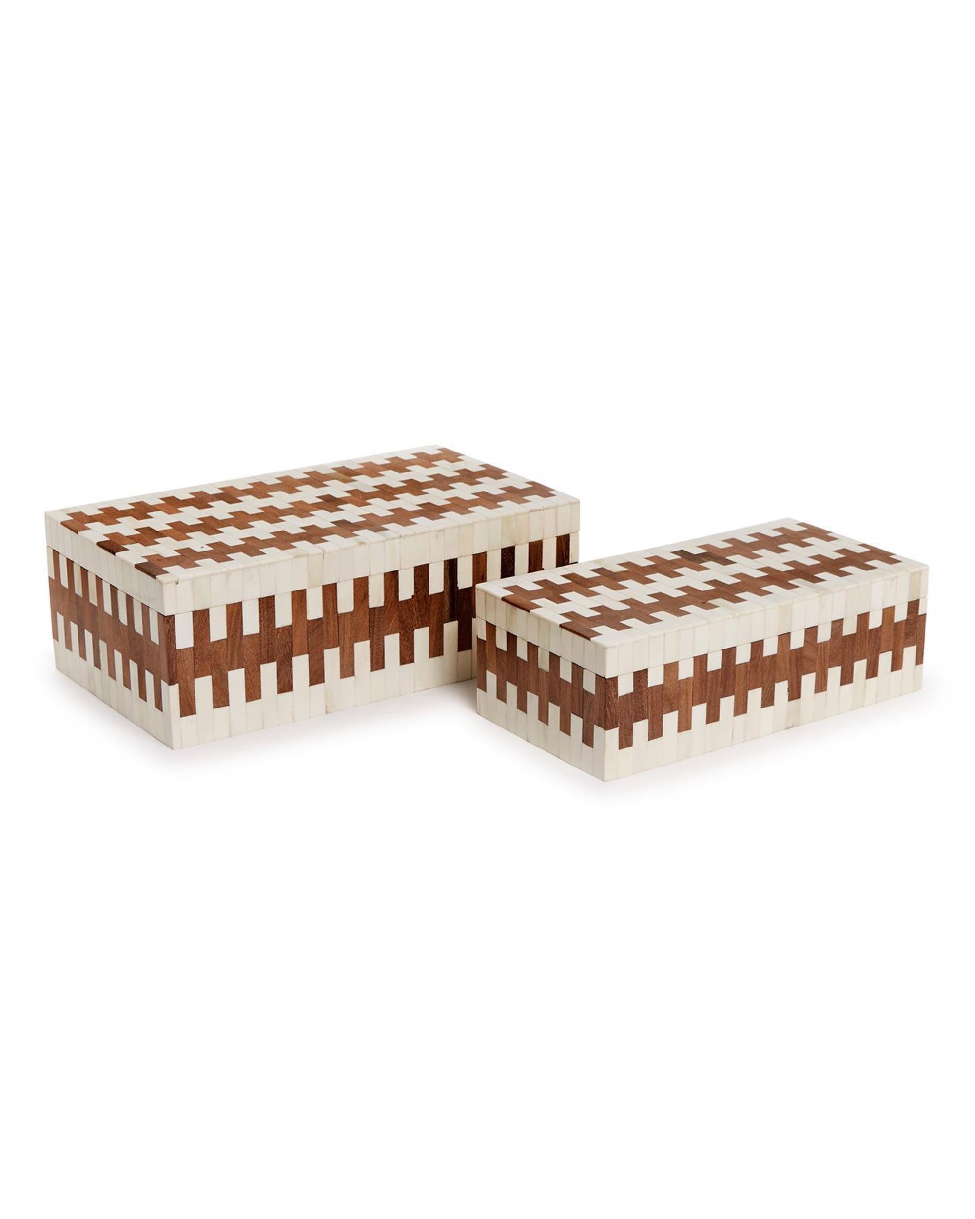 Two's Company ZCT008 JigSaw Covered Box set: two rectangular handmade boxes with lids, featuring interlocking cream and brown wood patterns. Includes one large and one small box, both with wood finish interiors.
