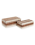 Two's Company ZCT008 JigSaw Covered Box set: two rectangular handmade boxes with lids, featuring interlocking cream and brown wood patterns. Includes one large and one small box, both with wood finish interiors.