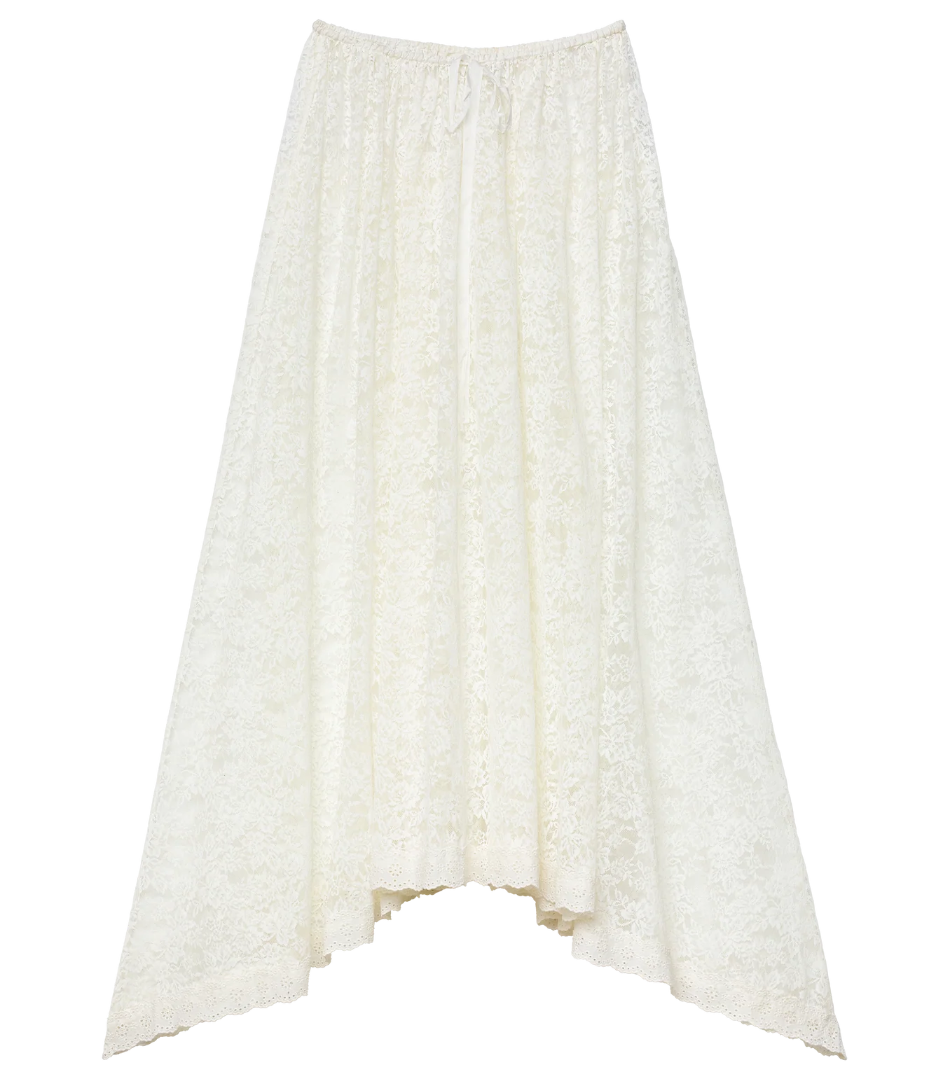 The DOEN Zinnia Skirt is a long white lace skirt with a caftan style, handkerchief asymmetrical hem, and drawstring waist, shown against a plain white background.