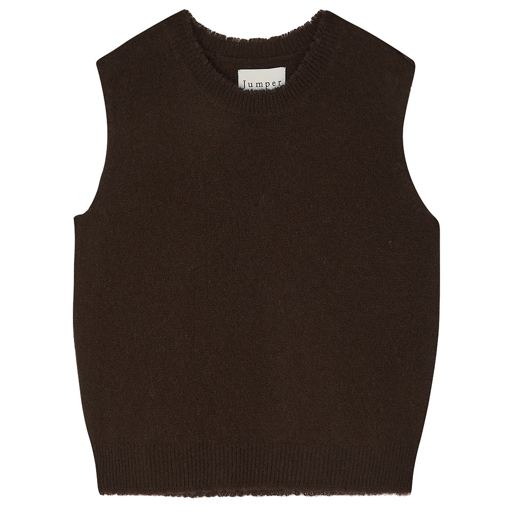 A dark brown, sleeveless knitted vest with a crew neck and ribbed hem from Jumper 1 2 3 4/CR2. The label inside reads &quot;Jumper.&quot; The Distressed Tank is laid flat on a white background, offering a classic alternative to a navy cashmere tank.