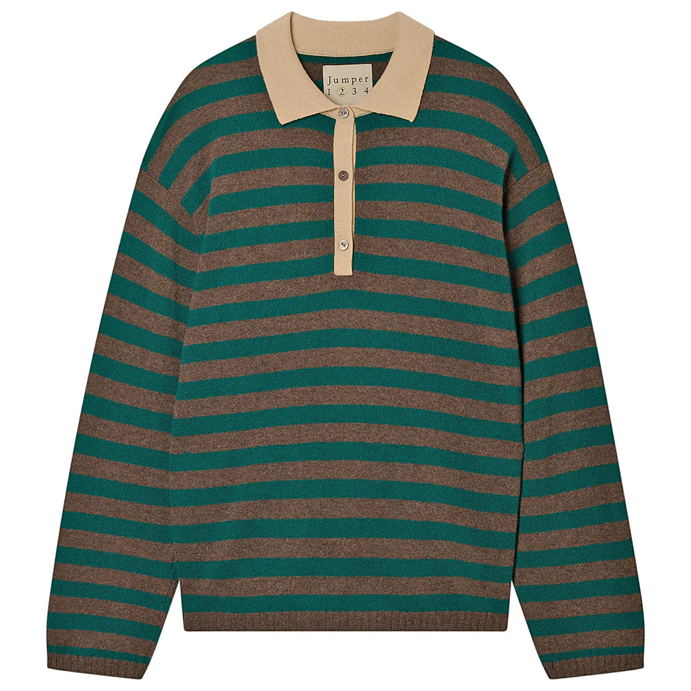 The Merino Rugby Shirt by Jumper 1 2 3 4/CR2 is a long-sleeved top with green and brown horizontal stripes, featuring a beige collar and button placket.