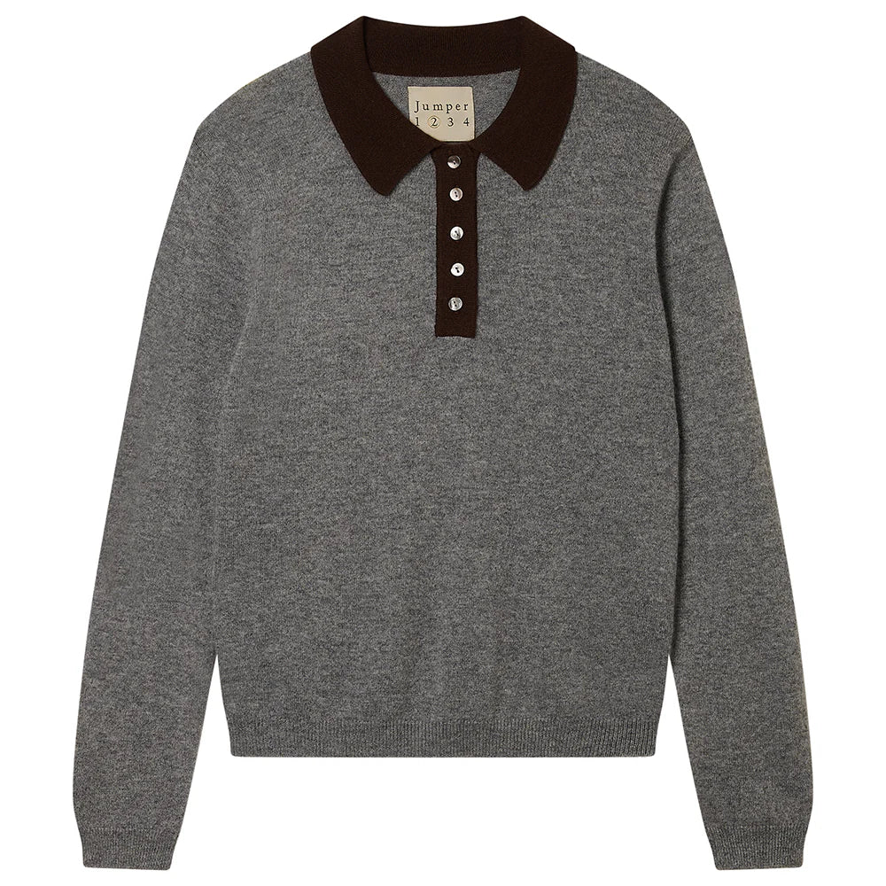 The Contrast Polo by Jumper 1 2 3 4/CR2 is a long-sleeve grey cashmere knit jumper with a dark brown collar and matching five-button front placket.