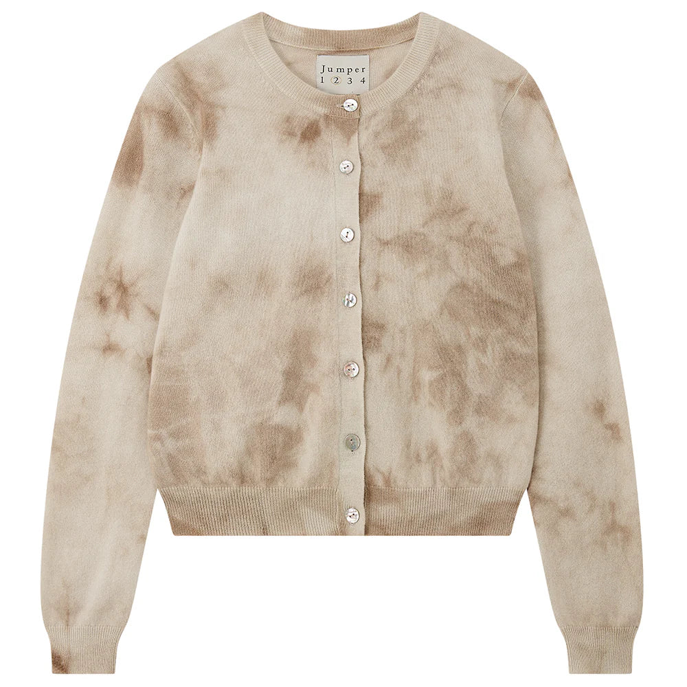 Beige and light brown Batik Cardigan by Jumper 1 2 3 4/CR2, featuring tie-dye cashmere, long sleeves, ribbed cuffs and hem, crew neck, and front button closure.