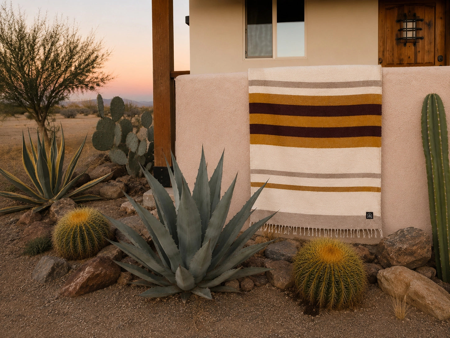 Handwoven Golden Horizon blanket by Faire on beige wall, styled with cacti and desert plants in sunset light.