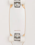 A white Faire Vintage Skateboard cruiser with natural wood edges, a Canadian maple deck, white wheels, and silver trucks is seen from above on a white background. The brand name "FAIRE" appears near one end.