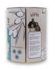 A 9 oz can of Litys Chips by Faire, adorned with olive illustrations and emphasizing their natural taste enhanced by extra virgin olive oil. The text highlights Faire as a family-owned business committed to using natural ingredients, and the label includes a small photo of three people to appeal to health-conscious customers.