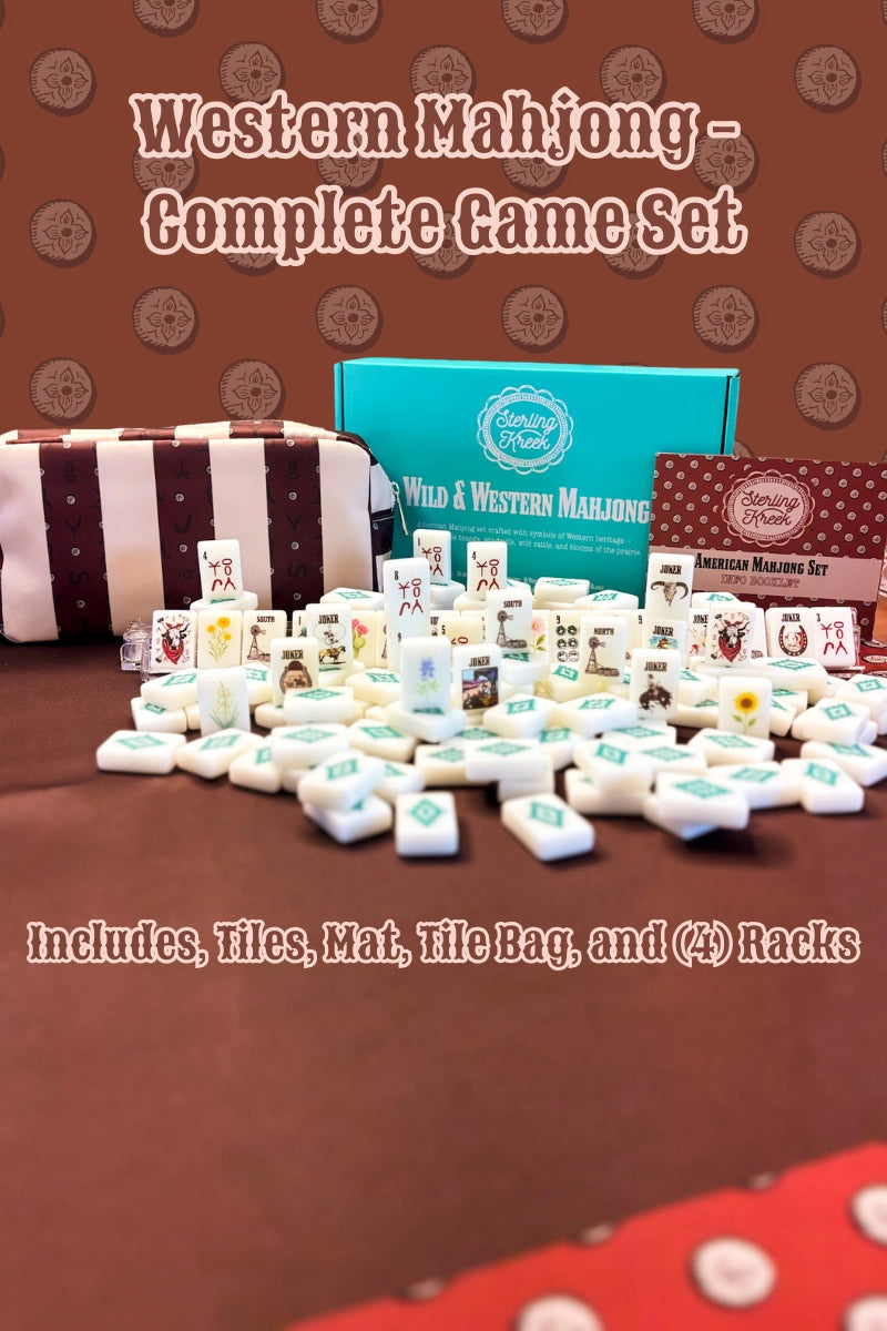 The Faire Wild West Mahjong SET is shown with tiles, a striped tile bag, game mats, and four racks. Text highlights the set includes tiles, mat, tile bag, and 4 racks.