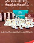 The Faire Wild West Mahjong SET is shown with tiles, a striped tile bag, game mats, and four racks. Text highlights the set includes tiles, mat, tile bag, and 4 racks.