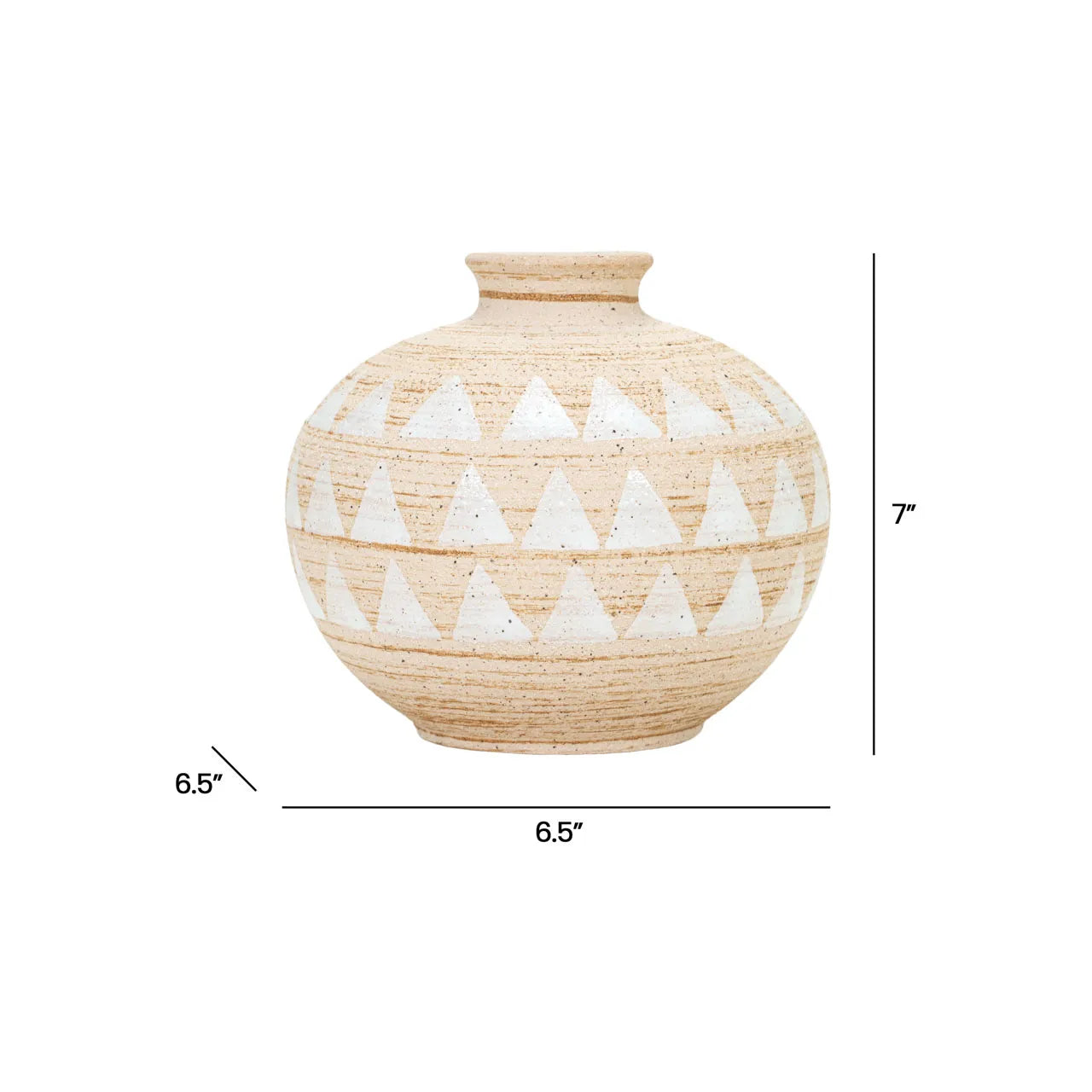 The Import Collection's Presden Short Vase features a round beige body with white geometric triangles, a narrow neck, and wide base. At 7"H x 6.5"W x 6.5"D, it’s perfect for modern vase collections.