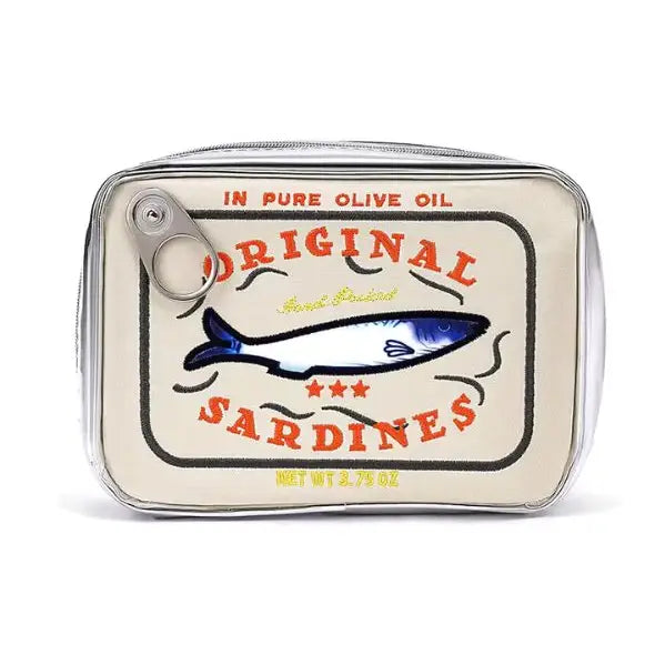 The Faire Sardine's Tin Can Gift Cosmetic Bag is styled like a sardine can, featuring "Original Sardines" and "In Pure Olive Oil" with a charming sardine illustration. Available in various colors, its zipper detail cleverly mimics a sealed can.