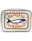 The Faire Sardine's Tin Can Gift Cosmetic Bag is styled like a sardine can, featuring "Original Sardines" and "In Pure Olive Oil" with a charming sardine illustration. Available in various colors, its zipper detail cleverly mimics a sealed can.