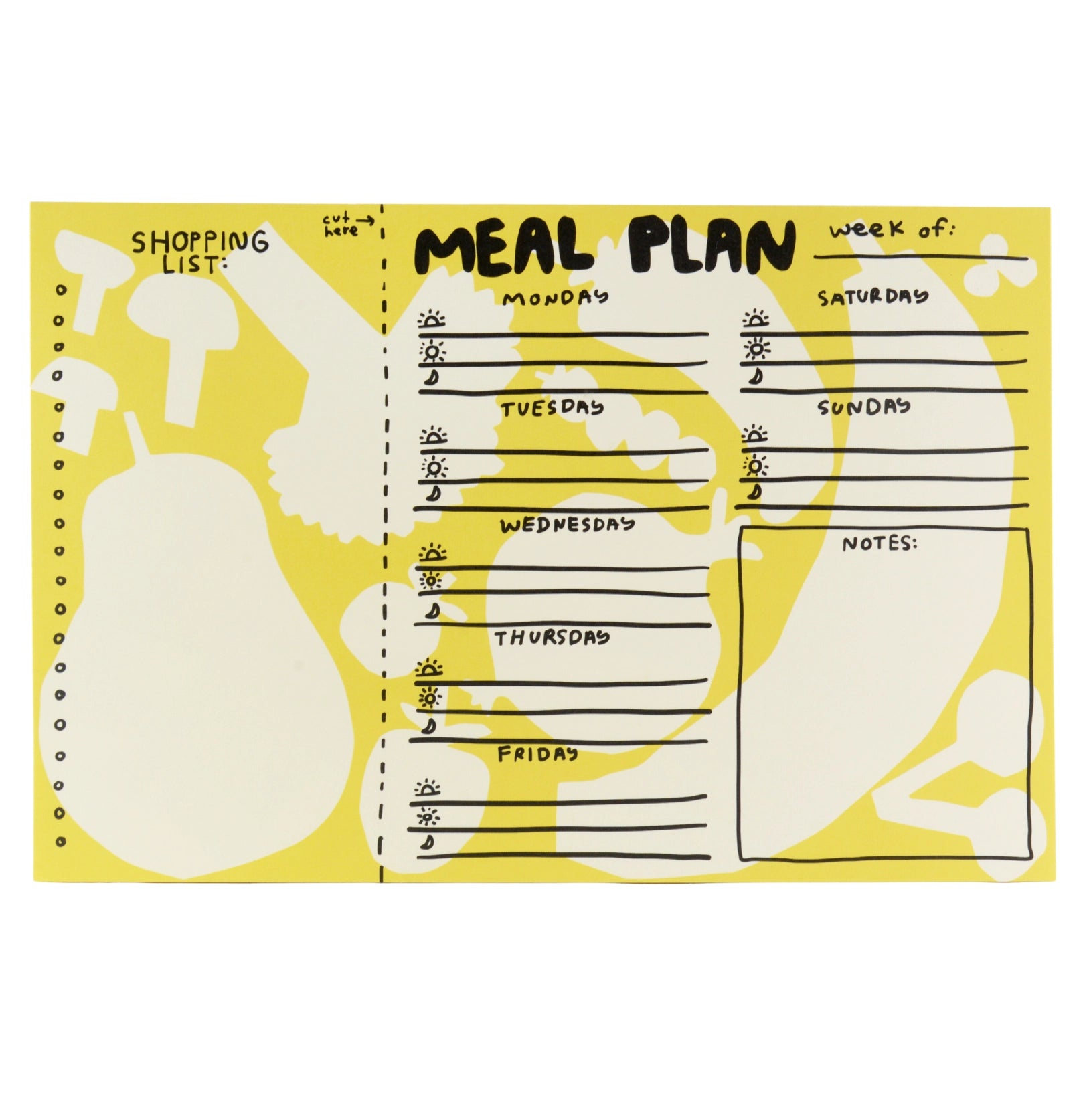 The Faire Meal Planner Notepad is a yellow and white weekly planner with sections for each day, notes, and a shopping list. It features playful food shapes like pears and mushrooms in the background.