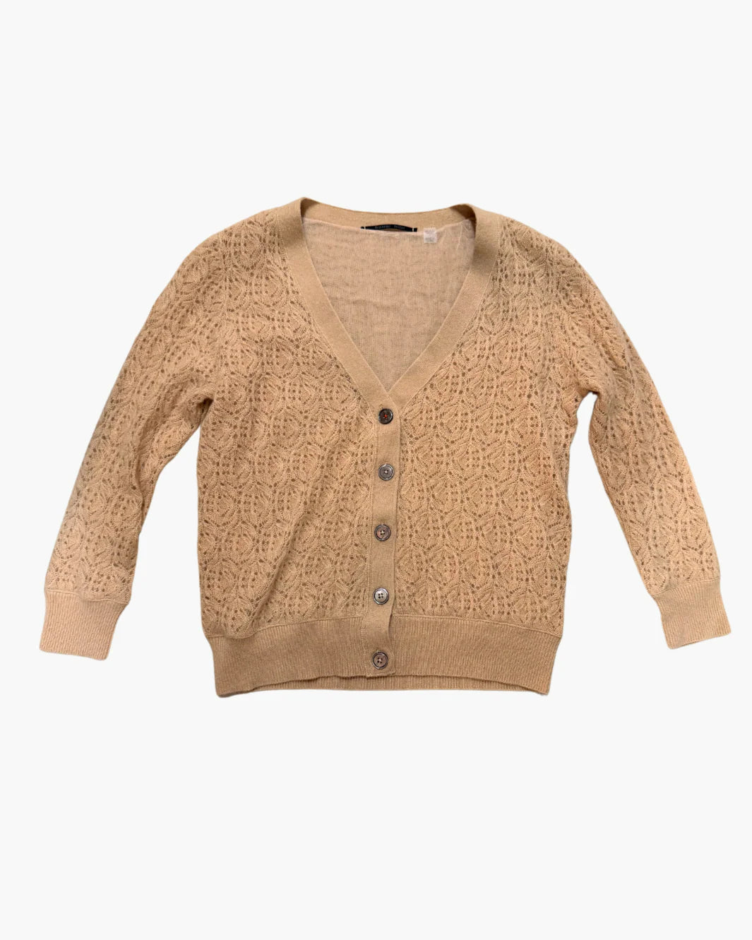 The Brazeau Tricot Lace Patch Cardigan is a beige, long-sleeve, V-neck sweater with lace patches and five front buttons, shown flat on a white background.