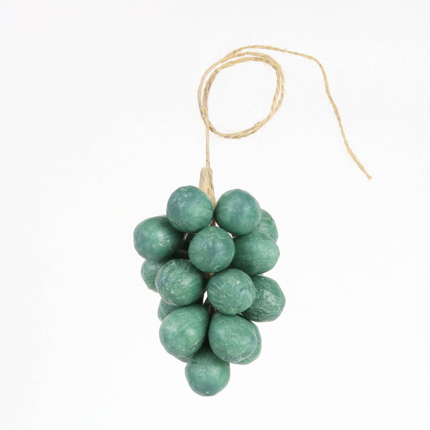 The Faire Handcrafted Grapes Soap features green, grape-like clusters made from olive oil soap, attached to a twisted string loop for hanging, shown against a plain white background.