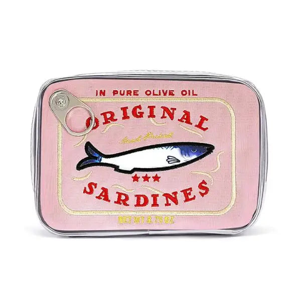 The Sardine's Tin Can Gift Cosmetic Bag by Faire features a vintage-style design with a pink label and central fish motif. It reads "Original Sardines" and "In Pure Olive Oil." This charming accessory is perfect for unique gifts, enhanced by zipper detail and a stylish pull-tab on the top left.