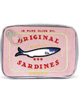 The Sardine's Tin Can Gift Cosmetic Bag by Faire features a vintage-style design with a pink label and central fish motif. It reads "Original Sardines" and "In Pure Olive Oil." This charming accessory is perfect for unique gifts, enhanced by zipper detail and a stylish pull-tab on the top left.